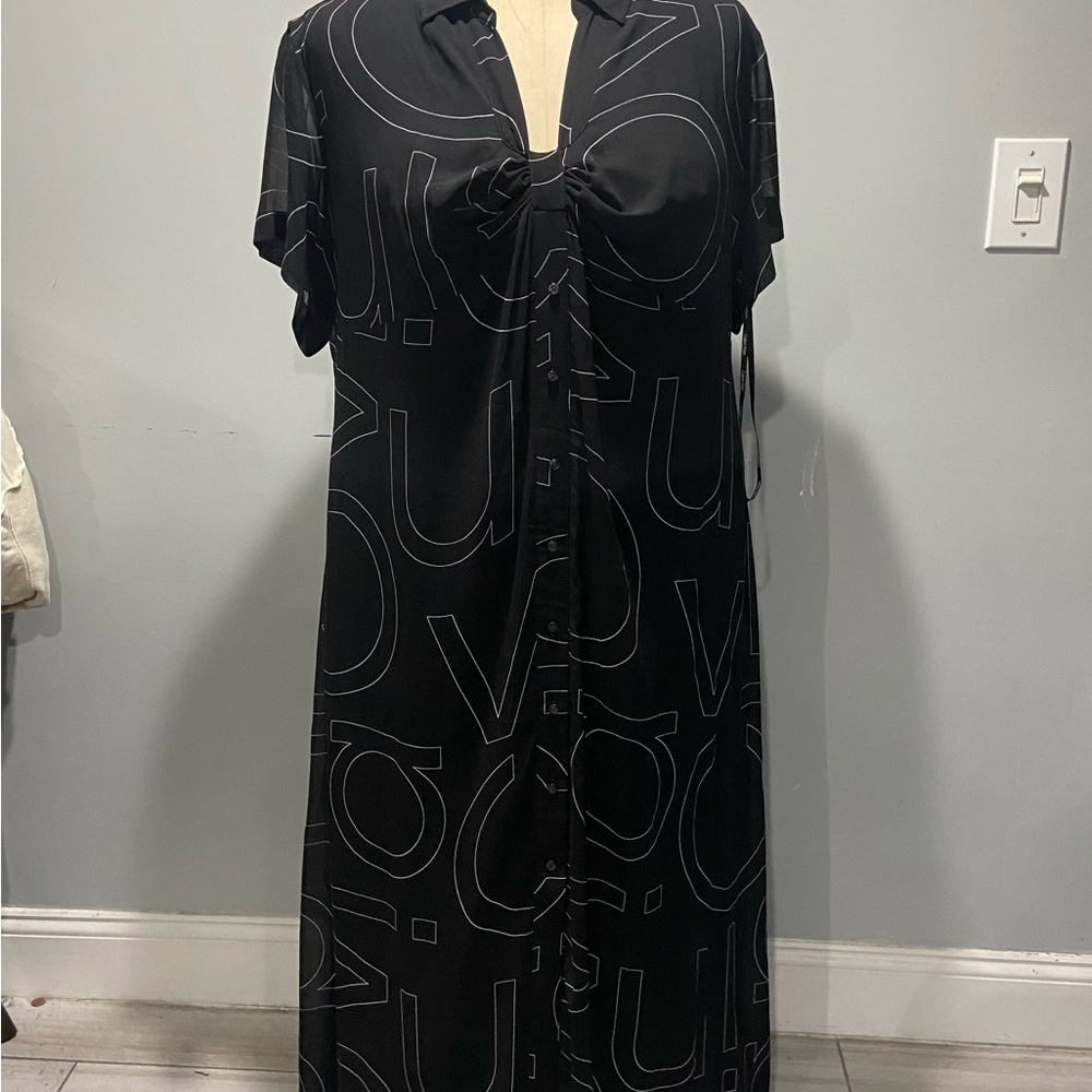 Calvin Klein Plus Size Black Knot-Front Button-Down Logo Shirt Dress Size 22W
